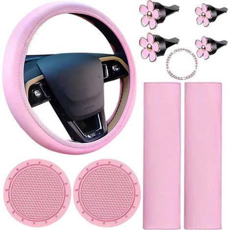 Lot de 10 Housses de Volant en Cuir Rose, Voiture Mignons avec Ceinture de Sécurité, Porte Gobelets (1/5)