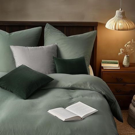Housse de Couette 240x220 cm, Microfibre Infroissable, Zip, Vert Sauge 240x220 cm Taies 65x65 cm (1/3)