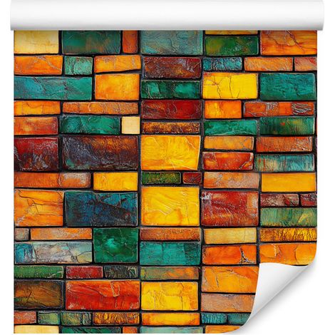 Papier peint motif brique colorée or, orange et bleu marine 50x1000 cm (1/5)