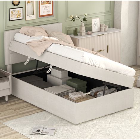 letto contenitore 90x200 con rete e spazio extra beige MDF HAVRYA (1/5)