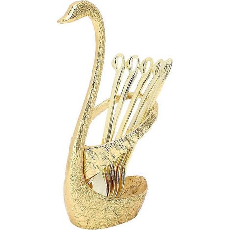 Set mit 6 kleinen Teelöffeln, Mini-Dessertlöffeln mit schwanenförmigem Ständer, Edelstahl (gold)