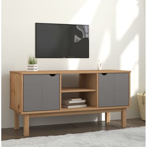 Meuble TV OTTA Marron et gris 113,5x43x57 cm Bois massif pin (1/5)