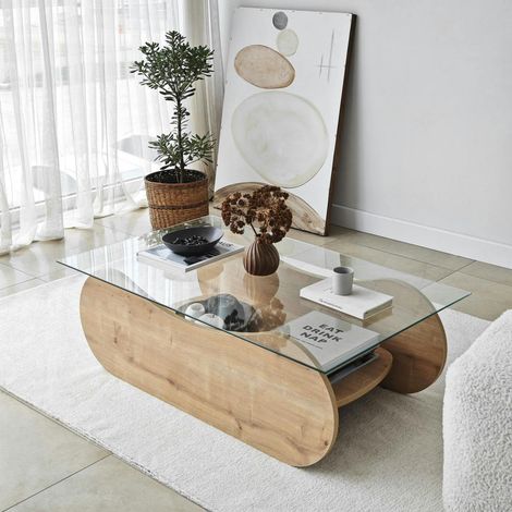 Table basse verre, base luge effet bois avec rangement SALTA (1/5)