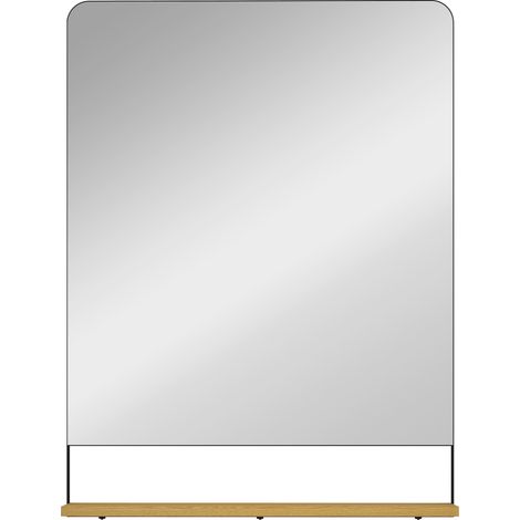 Miroir mural 80x60 cm avec tablette en bois, miroir rectangulaire design cadre métallique noir. (1/5)