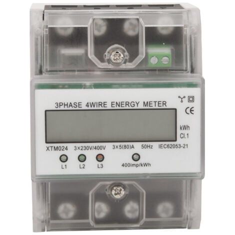 Compteur d'energie triphase a 4 fils 220/380V 5-80A Consommation d'energie kWh Compteur Installation sur rail DIN Compteur electrique numerique avec ecran LCD retro-eclaire, modele: Transparent (1/3)