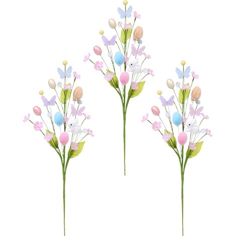 3 künstliche Osterzweige mit Eiern, Hasen, Osterblumenstecker, Dekoration für Feiertage, Vasen, Blumenarrangements, Tischdekorationen (1/3)