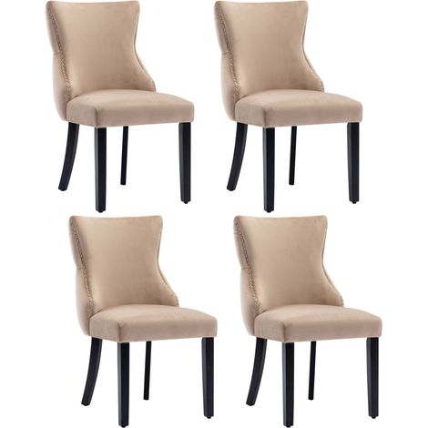 Lot de 4 chaises en velours beige - Surpiqûres à boutons, cadre bois massif - Salle à manger élégante (1/5)