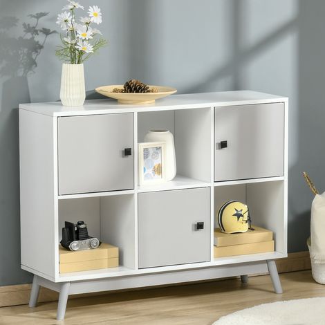 Sideboard, Aufbewahrungsmöbel mit 3 Türen und 3 offenen Fächern, Beine aus Kiefernholz, 96 x 30 x 75 cm, weiß und grau