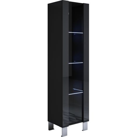 Vetrina con Piedini 12cm e LED  Mobile Soggiorno Moderno  Salotto  Vetrinetta pensile  40x177x28  Modello Luke V5  Nero lucido