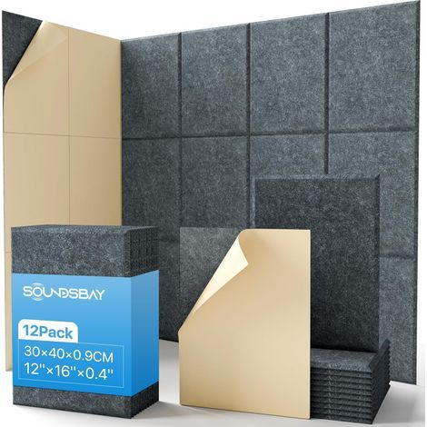 Set of 12 Self-Adhesive Acoustic Panels, High Density, Sound Absorber, Wall Decoration, Dark Grey (1/5)