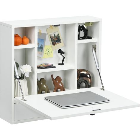 Costway – Bureau mural rabattable pour ordinateur portable – Table murale avec étagères intégrées et tiroir – Plateau pliable pour petits espaces – MDF imperméable