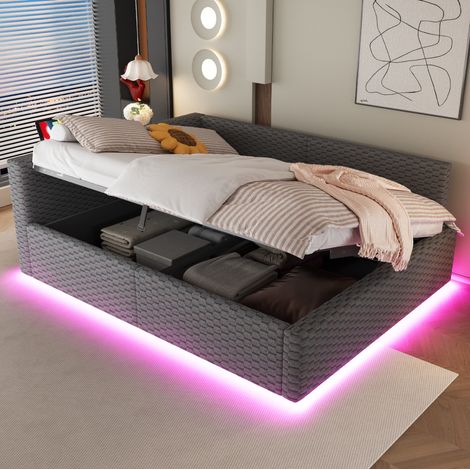 Polsterbett 140x200 cm grau aus Samt mit LED-Beleuchtung, USB-C, USB und großem Stauraum (1/5)