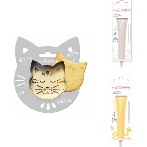 Kit pour biscuit en relief Chat + 2 Stylos au chocolat blanc et jaune pastel