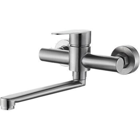 Grifo de cocina mural, mezclador mural de acero inoxidable, giratorio 360° para fregadero, agua fría y caliente, orificios de montaje ajustables, brazo giratorio de 23 cm, acabado cepillado. (1/5)