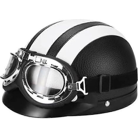 Casque demi-jet rétro en cuir blanc pour moto avec lunettes