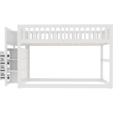 Lit superposé bas enfant 140 x 200 cm avec escalier de rangement, blanc (1/5)