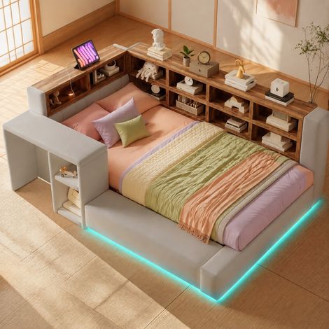 Cama 90x200 con almacenaje, LED, enchufes integrados y mesa auxiliar gris claro DESVIAE (1/5)