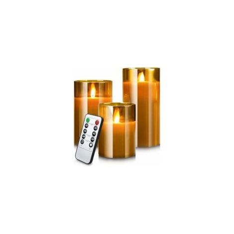 Lot de 3 bougies LED sans flamme – Bougies piliers en verre doré – Flamme vacillante avec télécommande et minuterie – Décoration sécurisée (1/4)