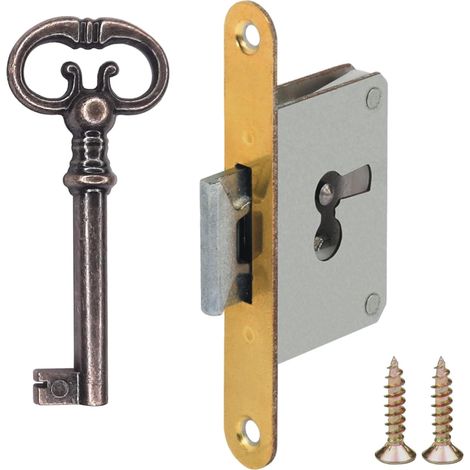 Serrure à mortaiser clé axe 30mm remplacement meuble ancien décoration rustique armoire vintage, droite (1/4)