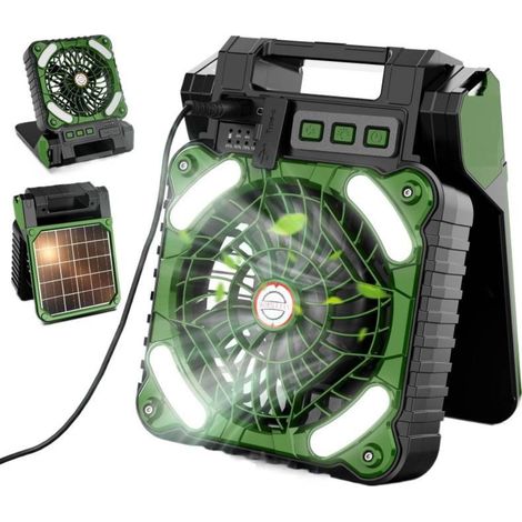 Ventilateur de Table Silencieux LED - Portable Rechargeable 20000mAh - Solaire - Pour Camping - Vert - Lumière Intégrée (1/5)
