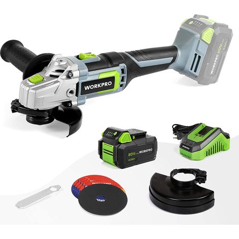 Workpro – Meuleuse d'angle sans fil 20V – Batterie 4,0Ah – Ø125mm – Vitesse 7500 trs/min – Poids léger 1,75kg – 5 disques à tronçonner inclus