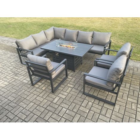 Fimous Aluminium Outdoor Garden Furniture Corner Sofa Gas Fire Pit Dining Table Sets Gas Heater Burner with 3 Chairs Dark Grey 9 Seater (1/5)
