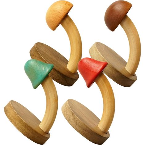 Lot de 4 Crochets Muraux en Bois Massif Forme Champignon Adhésifs sans Perçage Couleur Bois Naturel Patères Décoratives pour Salle de Bain Porte-Serviettes et Organisation (1/5)