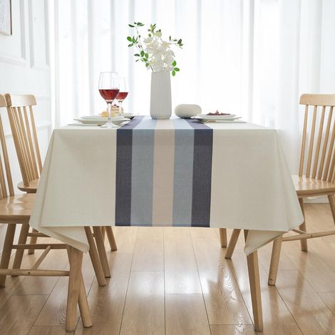 Nappe aspect lin 140x140 cm lavable à rayures pour table de salle à manger d'extérieur