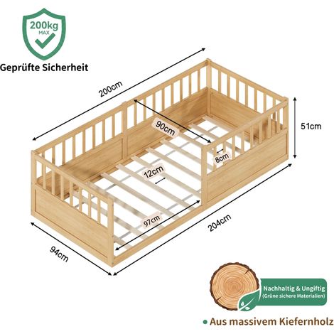 Lit en bois massif 90x200 cm avec barrière de sécurité et sommier, lit Montessori à barreaux côté ouvert, lit simple en pin naturel pour enfant (1/5)