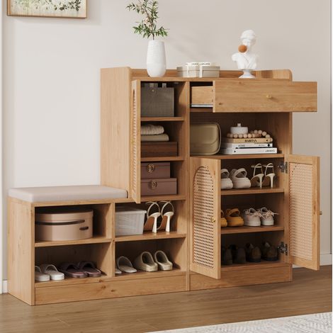 Scarpiera con panca imbottita, ante in rattan e cassetto, naturale, 142x35x110 cm (1/5)