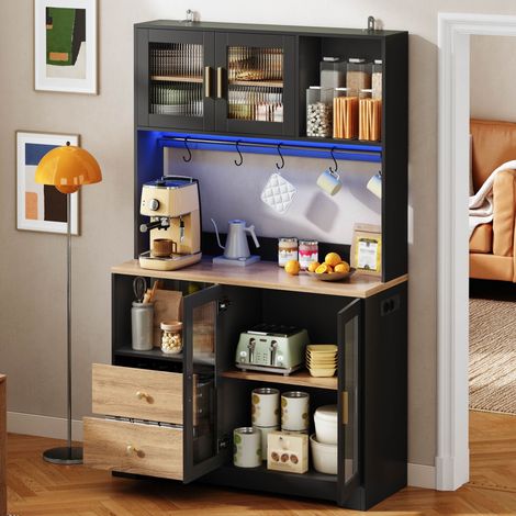 Alacena de cocina mueble alto con led y enchufe integrado 110x40x178 cm - aparador vitrina barra de café mdf - negro y efecto madera (1/5)