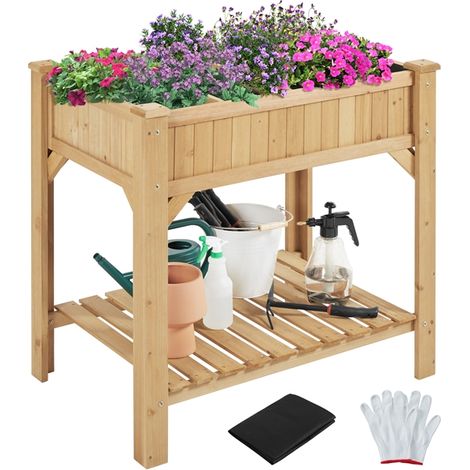 Homevive Huerto Urbano 91,5 x 62 x 92,5 cm con 8 Compartimentos de Cultivos Cama de Plantación de Madera para Jardín Terraza Balcón Hogar Dos Niveles Marrón Claro