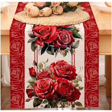 Valentinstag-Tischdecke, Leinentischdecke mit Rosen, rote Tischdecke, Tischdekoration 30180 cm