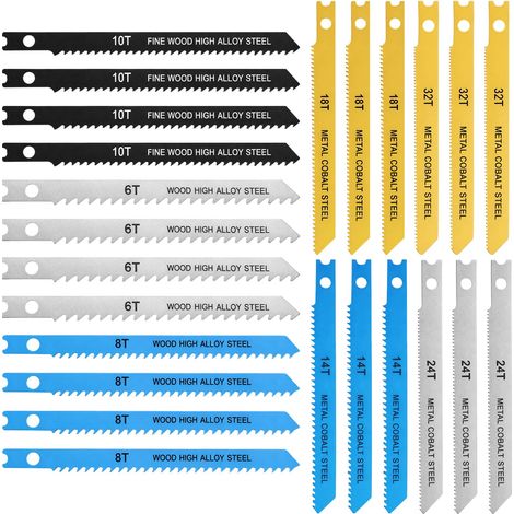 Lot de 24 lames de scie sauteuse en acier au carbone T-mandrin pour scie sauteuse bois métal plastique 6t 8t 14t 18t 24t 32t (1/5)