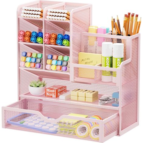 Organiseur de Bureau en Maille,Organiseur de Papeterie,Porte Stylos Multifonctionnel,Rangement de Bureau et Tiroir en Domicile(Rose)