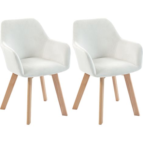 Set di 2 sedie da pranzo, stile poltrona, seduta imbottita in tessuto effetto velluto, gambe in legno, color crema