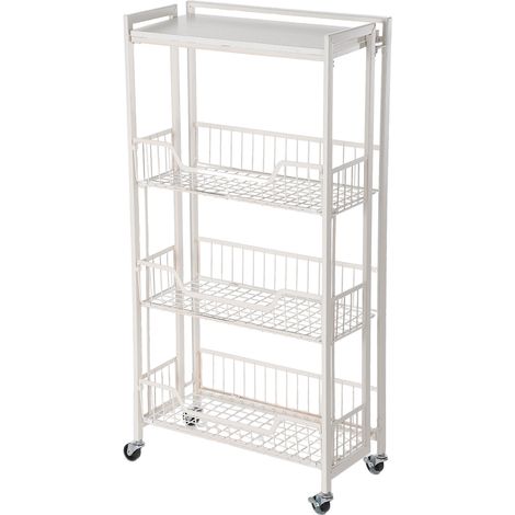 Chariot de rangement cuisine pliable 4 niveaux, étagère mobile avec plateau bois et paniers. Roulettes verrouillables, grande capacité – Blanc (1/5)