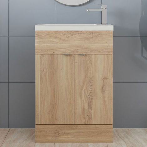 Hudson Reed Fusion Compact Floor Standing 2-Door Vanity Unit with Basin 600mm Wide - Bleached Oak (1/5)