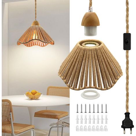 Lustre Corde de Chanvre Câble 5.1M, Douille E27 avec Interrupteur, Lustre Corde avec Prise, Lampe Suspendue avec Abat-jour, Cable Suspension Luminaire Intérieur Vintage pour Chambre à Coucher,Salon (1/5)