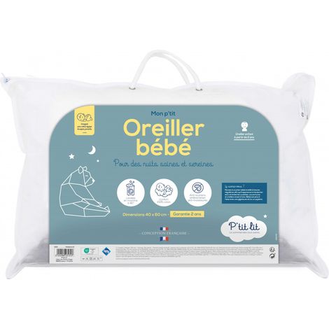 Oreiller bébé 40x60 cm – Enveloppe 100% coton – Hypoallergénique – Anti-acariens – Conception française – Oeko Tex® – P'Tit Lit
