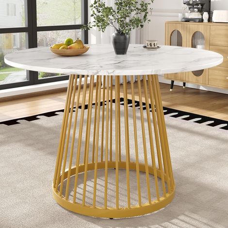 ModernLuxe Table à Manger Ronde 80 cm – Table de Cuisine Design avec Plateau MDF Effet marbre et Pieds en métal doré, Table à café Ronde 4 Personnes pour Salon ou Salle à Manger