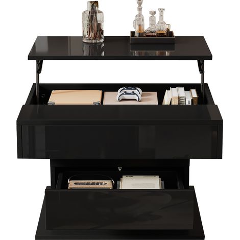 ELVMI Tavolino da Salotto con Piano Sollevabile Girevole a 360 Gradi, 1 Cassetto e Vano Nascosto, Nero, 70 x 70 x 45 cm (1/5)