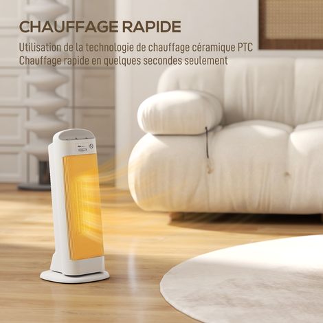 Radiateur électrique céramique 2000W, thermostat réglable, oscillation 55°, protection sécurité, blanc, 20x20x49cm (1/5)