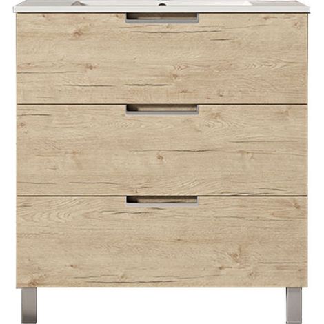 Kibath Mueble de baño con Lavabo VOLARE 80x45 cm acabado ROBLE mate 3 cajones con patas