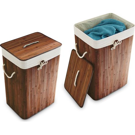 Relaxdays, Set 2x Bamboo Laundry Basket, with Lid, Rectangular, XL, 83L, Foldable Bin, HWD: 65.5 x 43.5 x 33.5cm, Brown