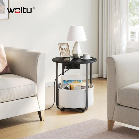 WOLTU Tavolino da Divano, Tavolino da Caffè, con Cestino Rimovibile, 2 Prese, 1 Porta USB e 1 Porta Type-C, Rotondo, Nero+Grigio