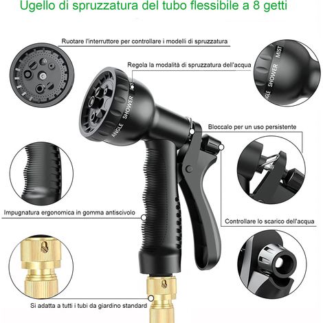 Tubo da giardino espandibile a 8 funzioni, flessibile e leggero, per irrigazione, pulizia del giardino, lavaggio auto, irrigazione, bagno degli animali domestici, tubo da giardino con borsa portaogget (1/4)