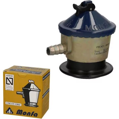 Regulador Gas 50 mbar MONFA RBP-50  Válvula 35mm  Salida Tetina  Con Válvula de Seguridad y Certificado Marca N