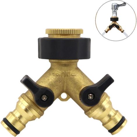 Distribuidor de manguera de jardín de latón de 2 vías, divisor de grifo de agua tipo Y con válvulas de encendido/apagado individuales para limpiar el conector de la manguera de riego. (1/5)