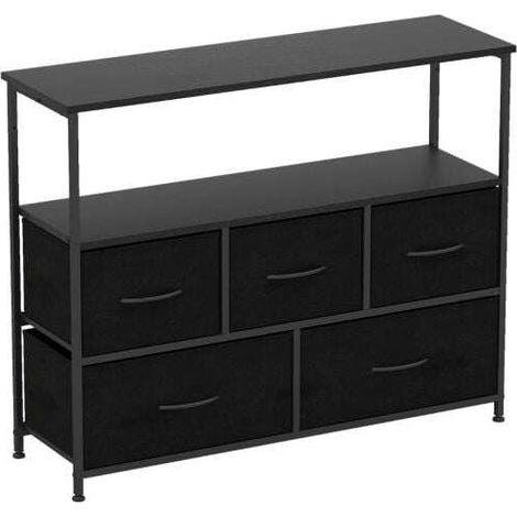 Chest of drawers, wide cabinet with 2 open wooden shelves, 5 drawers & sturdy metal frame, black (1/5)